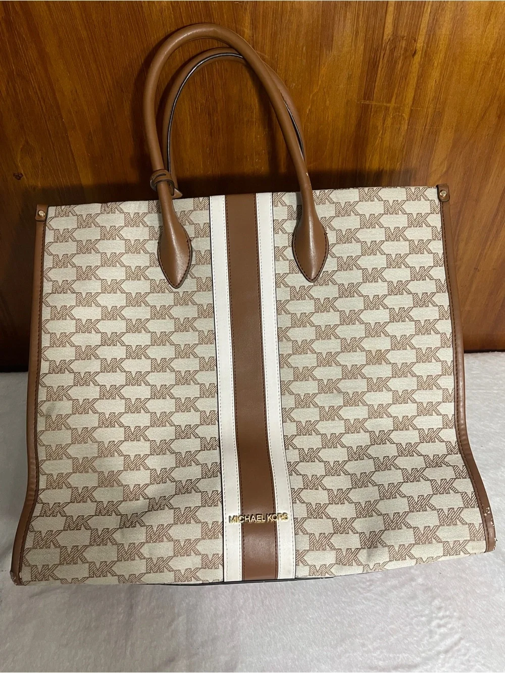Michael Kors Beige Logo Tote with Brown and Cream Stripe - Picture 6 of 7